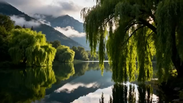  湖边垂柳与山水倒影景观2648#横屏 	 