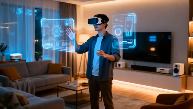 男子在家中体验虚拟现实交互2154#横屏 