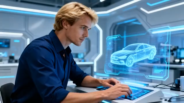 男士操作电脑查看虚拟汽车1001#横屏 