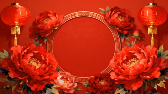  红色背景牡丹灯笼新春素材2584#横屏 	 