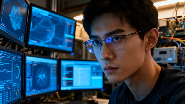 男性专注操作多台计算机827#横屏 