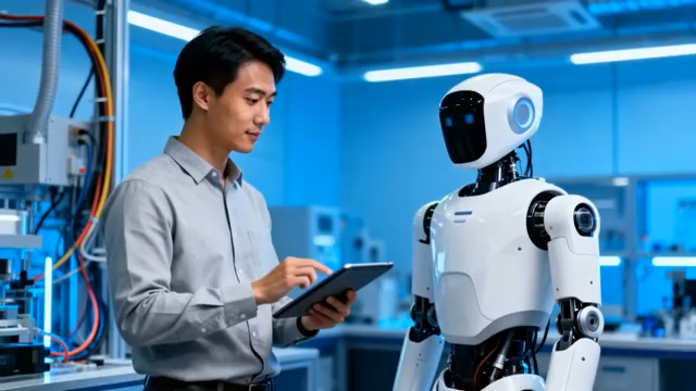 男子实验室操作平板与机器人互动4299#横屏 