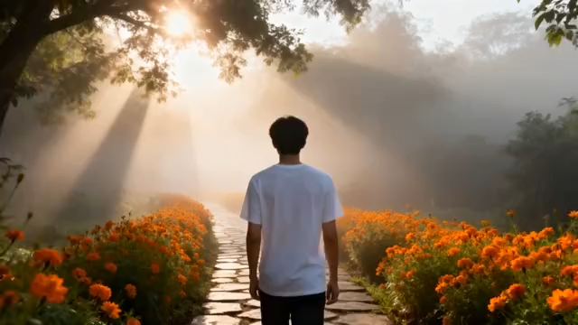 男子漫步阳光花丛小径1522#横屏 