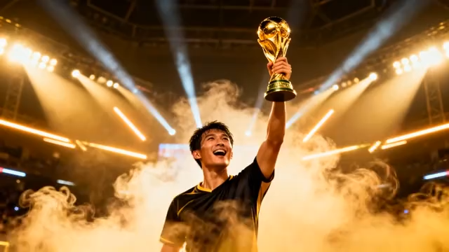 男运动员高举足球奖杯1975#横屏 