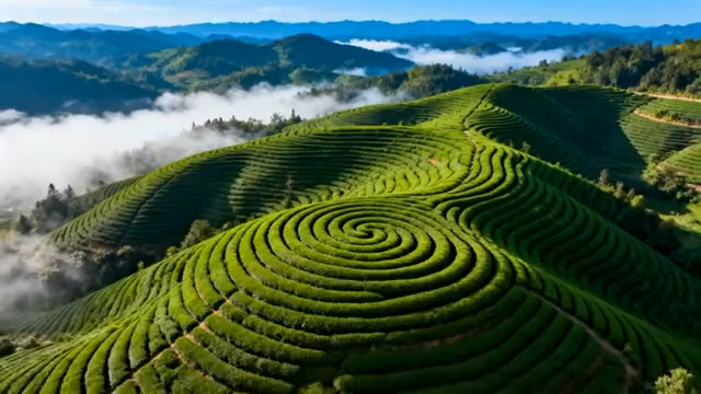  航拍层叠茶山自然风光716#横屏 	 