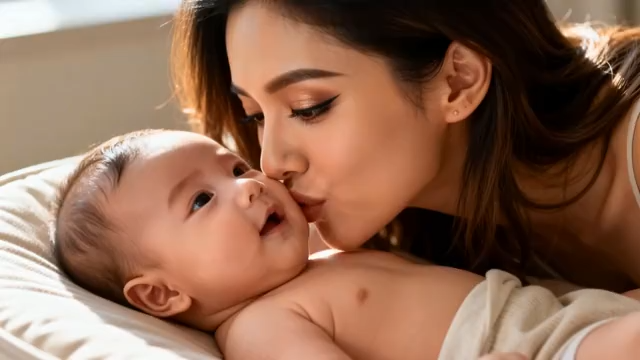 母亲亲吻婴儿温馨画面1274#横屏 