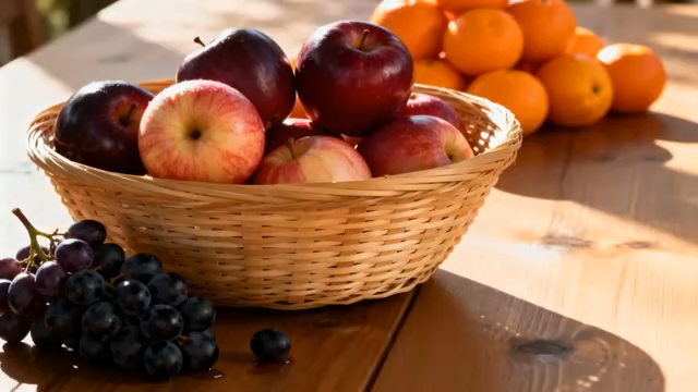 木桌竹篮中摆放的新鲜水果48#横屏 