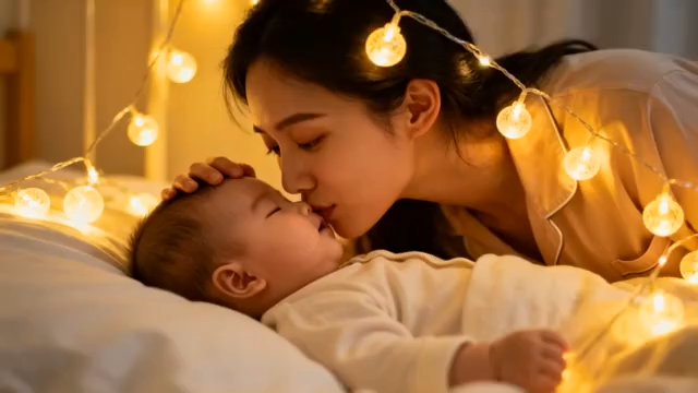 母亲亲吻床上婴儿温馨场景1033#横屏 