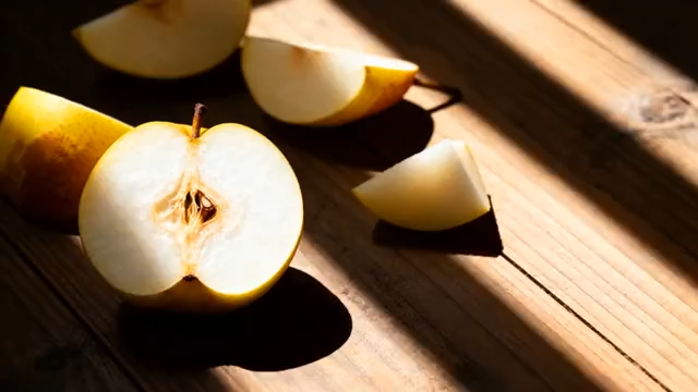 木桌上切开的梨子特写439#横屏 