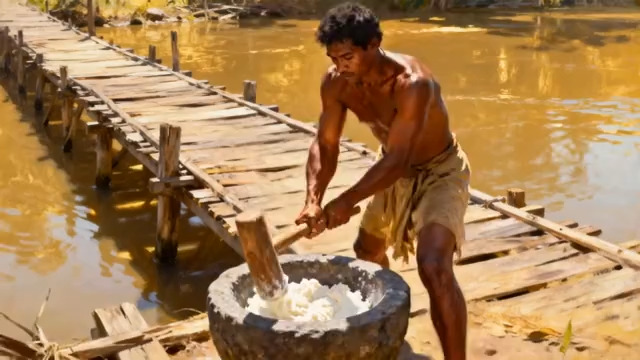  河边男子舂米的场景1021#横屏 	 