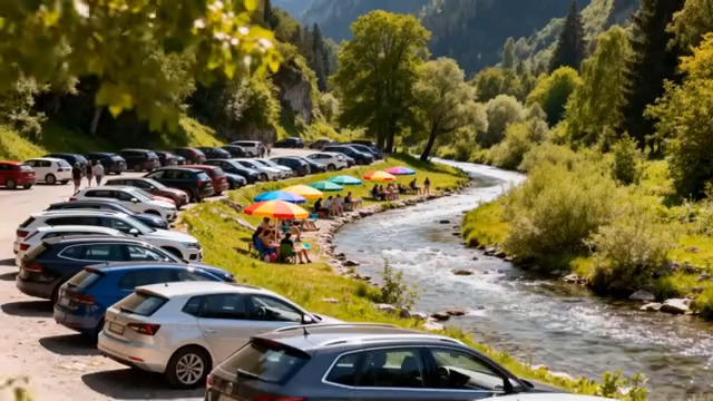  河边停车场与休闲人群322#横屏 	 