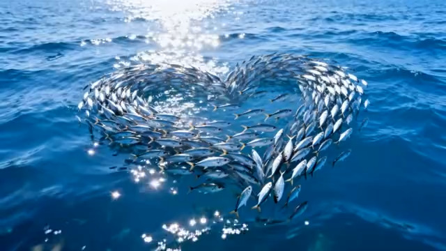  海洋中鱼群组成心形图案2246#横屏 	 