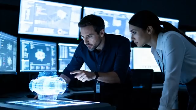 男女工程师操作虚拟科技界面4825#横屏 