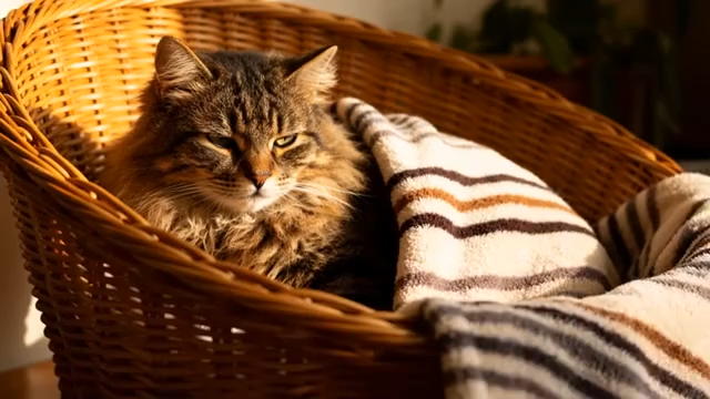 猫咪在藤编篮内休憩3048#横屏 