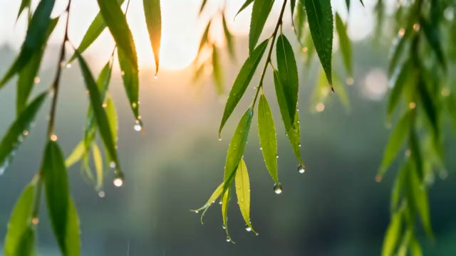 柳树枝叶挂水珠特写2290#横屏 