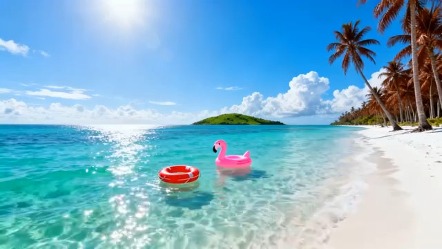  海滩上漂浮的火烈鸟和救生圈2743#横屏 	 -