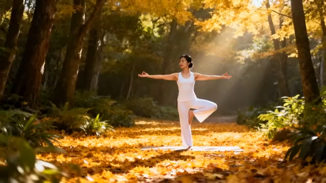 林间女子户外练瑜伽2649#横屏 