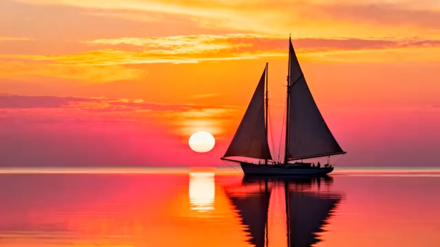  海上帆船日落景象1596#横屏 	 