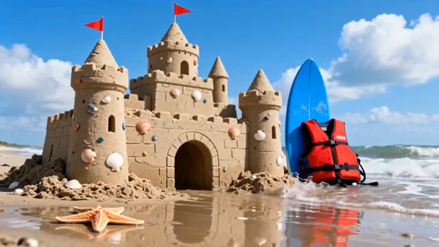  海滩边的精美沙堡与冲浪装备1785#横屏 	 