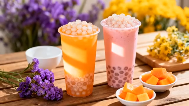 两杯珍珠奶茶与水果特写3884#横屏 