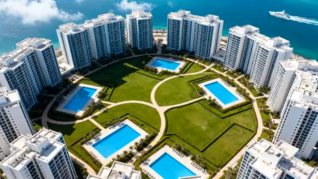  海滨城市高层住宅航拍全景327#横屏 	 