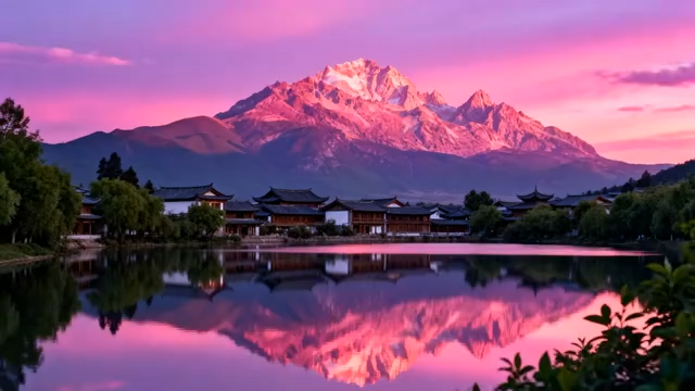 丽江玉龙雪山湖畔黄昏美景4708#横屏 