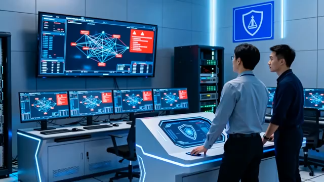 两人查看科技监控室屏幕画面1842#横屏 