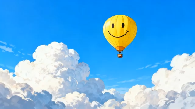 蓝天中笑脸热气球飞行画面4667#横屏 