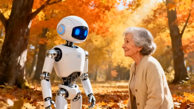 老人与机器人在秋日树林互动667#横屏 