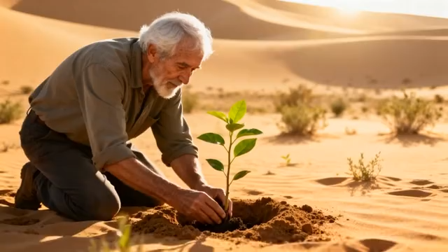 老人沙漠中种植绿植素材4195#横屏 