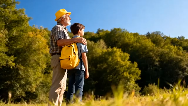 老人与男孩户外并肩而立4371#横屏 