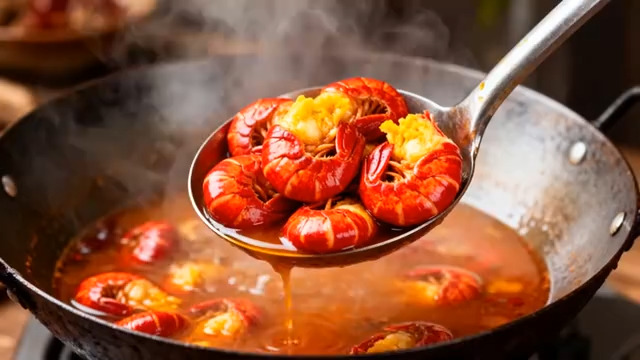  锅中盛有汤汁的小龙虾特写637#横屏 	 