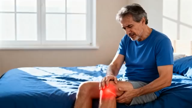 老人坐床上揉搓膝关节3254#横屏 