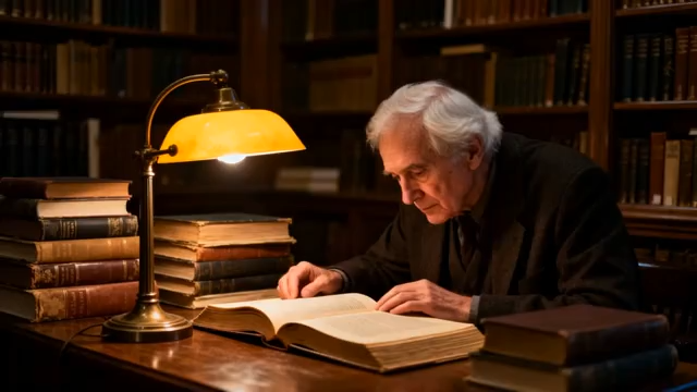 老人在书房灯下专注阅读4874#横屏 