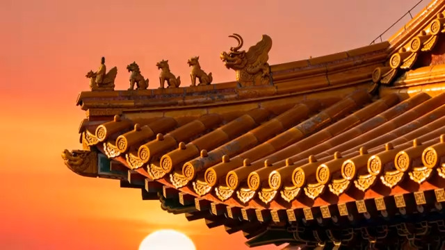  古建筑屋檐夕阳全景2448#横屏 	 