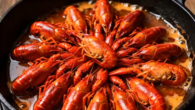  锅中烹制的小龙虾497#横屏 	 