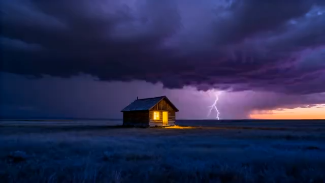 旷野木屋黄昏天空景象5473#横屏 