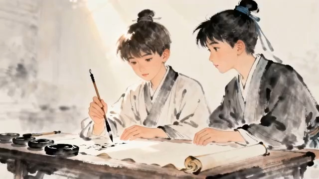 古装少年毛笔书法场景962#横屏 	 