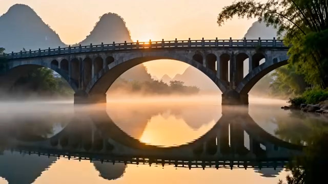  桂林山水间的桥梁晨景1630#横屏 	 