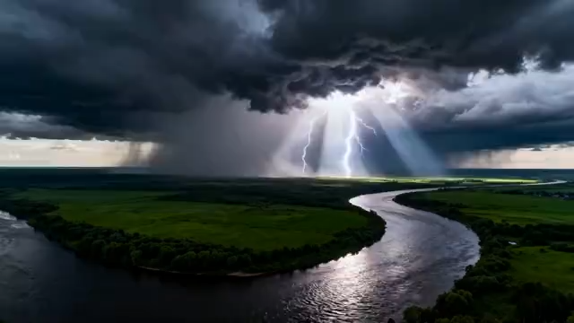 空中俯瞰乌云笼罩下的河流5263#横屏 