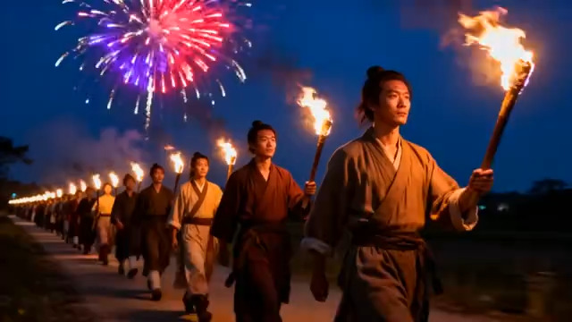  古装人物手持火把列队行进352#横屏 	 