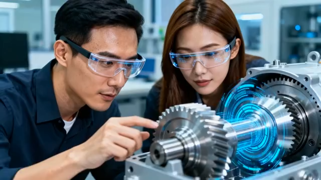 科研人员观察机械齿轮4929#横屏 