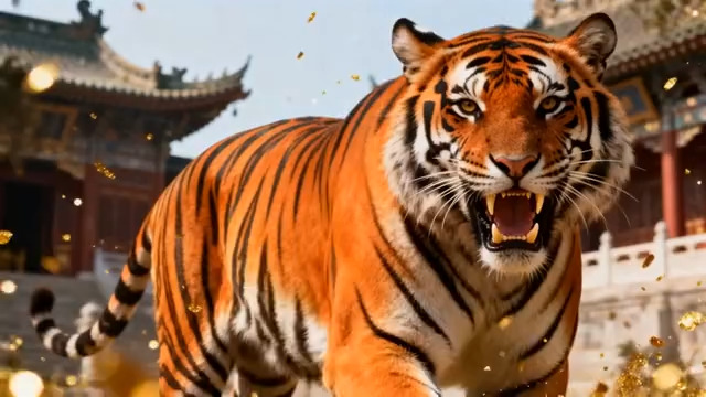  古建筑前咆哮的老虎2555#横屏 	 -