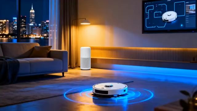 客厅中运行的智能扫地机器人5169#横屏 