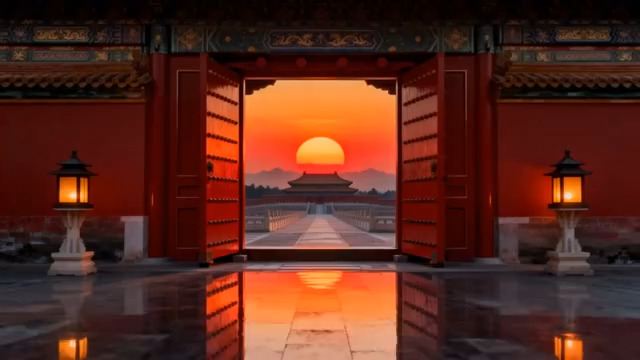  故宫夕阳下宫门开启景象713#横屏 	 