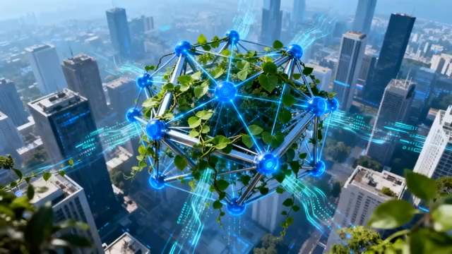 科技城市中的绿色网络球体114#横屏 