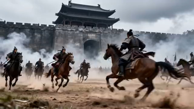  古代骑兵城墙下冲锋场景2610#横屏 	 