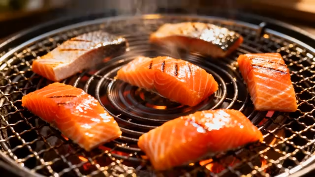 烤架上烤制的三文鱼素材3864#横屏 