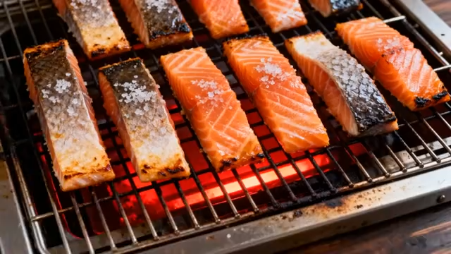 烤架上的三文鱼块2993#横屏 