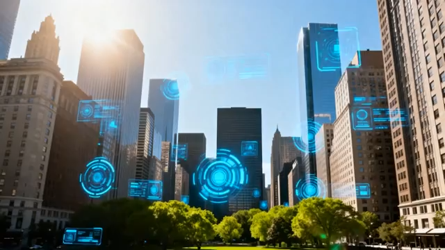 科技感城市高楼与虚拟元素画面3042#横屏 